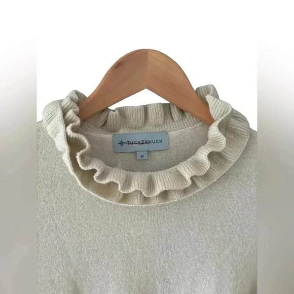 TUCKERNUCK Ivory Gold Shimmer Edie Ruffle Sweater Wool Cashmere Size XS - Picture 7 of 11